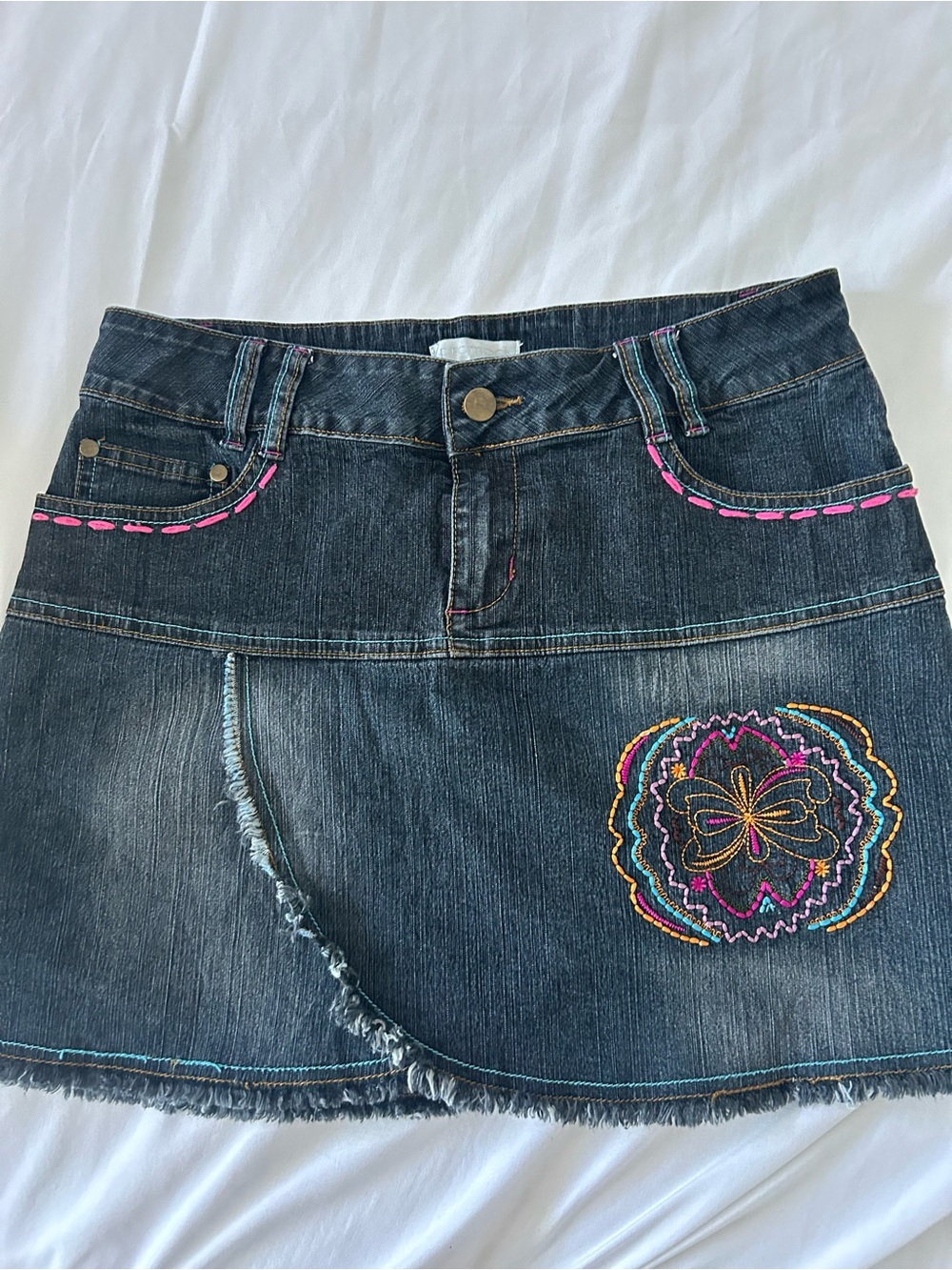 Promod Dark Denim Mini Skirt with Multicolor Embroidery